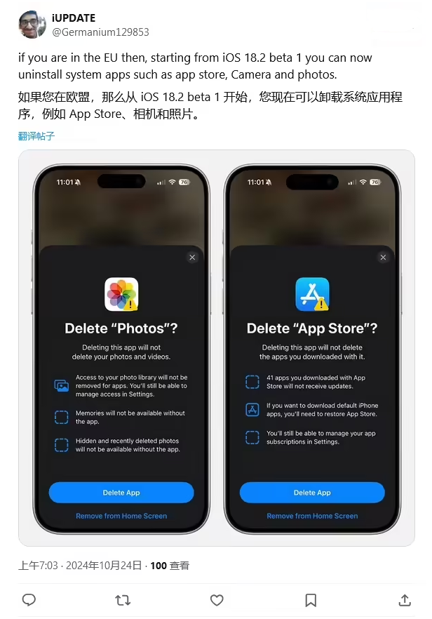 南京苹果手机维修分享iOS 18.2 支持删除 App Store 应用商店 