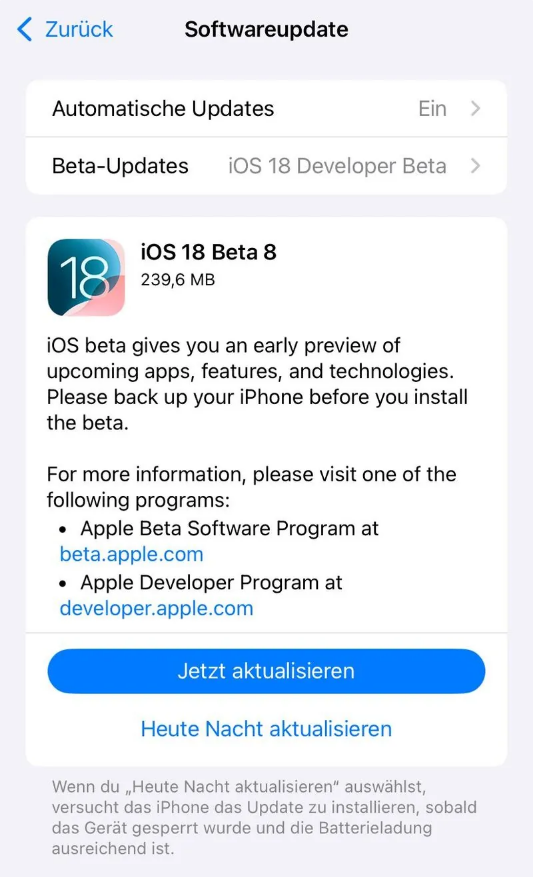 南京苹果手机维修分享苹果 iOS / iPadOS 18 开发者预览版 Beta 8 发布 